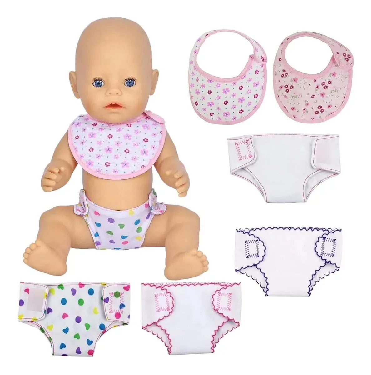 4 fraldas para bonecas, roupas íntimas e 2 peças