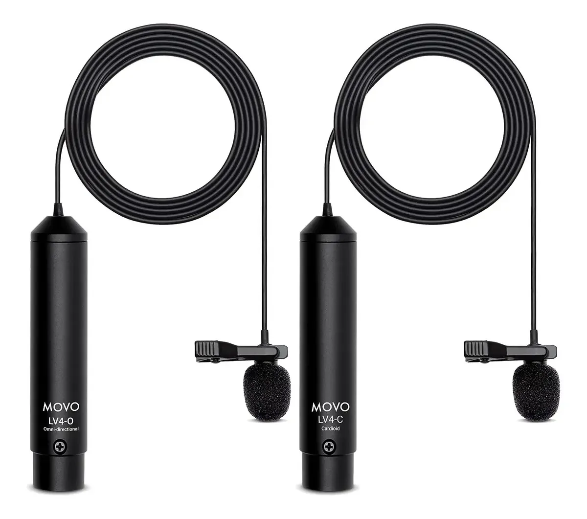 Kit de entrevista Lavalier Movo Lv4 Dual XLR com microfones omnidirecionais e cardióides, clipes de lapela e pára-brisas