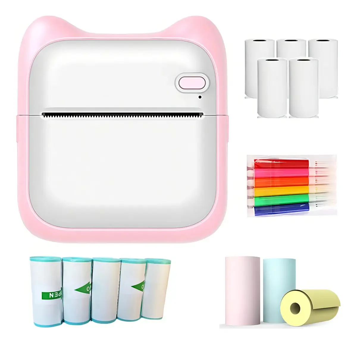 Mini Impressora Portátil Multifuncional Bluetooth, daqi 5 Rolos de Papel de Impressão + 5 Rolos de Adesivos + Canetas Coloridas + 3 Rolos de Papel Colorido para Tickets, Etiquetas, Fotos e Mais