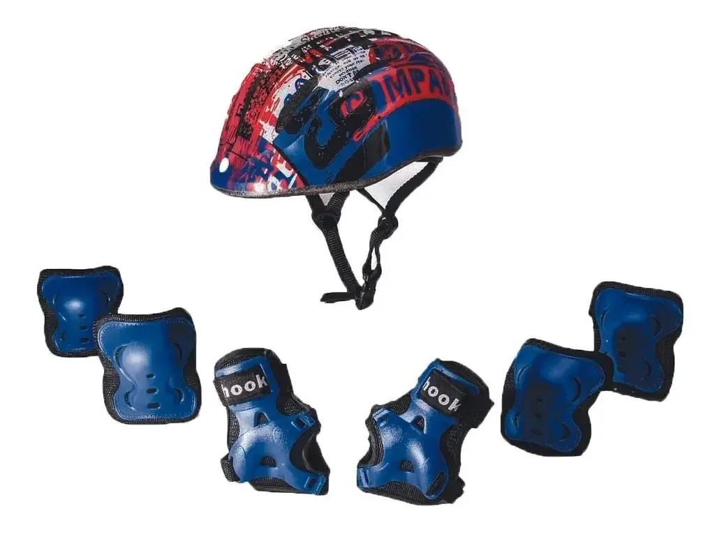 Conjunto de proteção infantil Hook, capacete, joelho, cotovelo, suporte de pulso, cor: azul