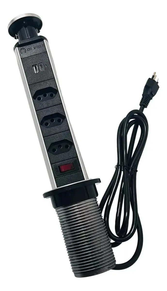 Extensão Techstore Torre Retrátil 3 Tomadas USB Tipo-C 250V Prata e Preto OI-TO121