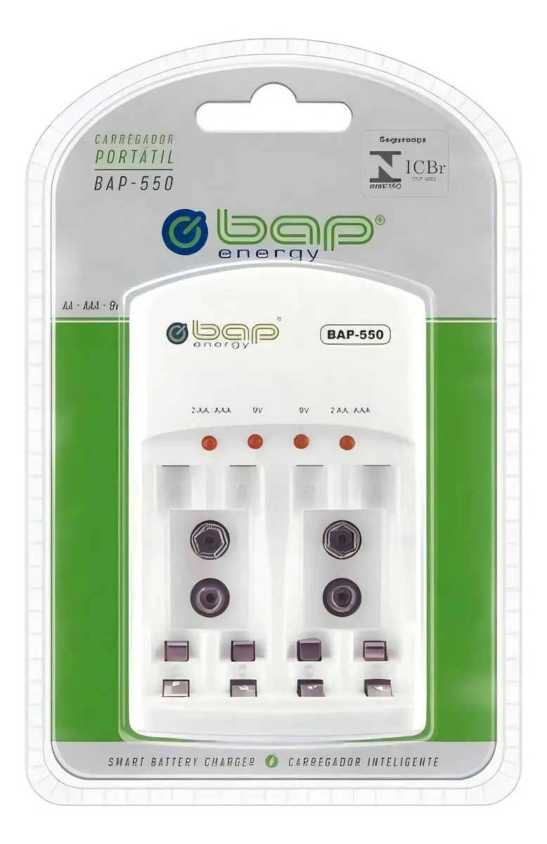 Carregador de Pilhas e Baterias Bap BAP-550 para AA e 9V com Indicador de Carga