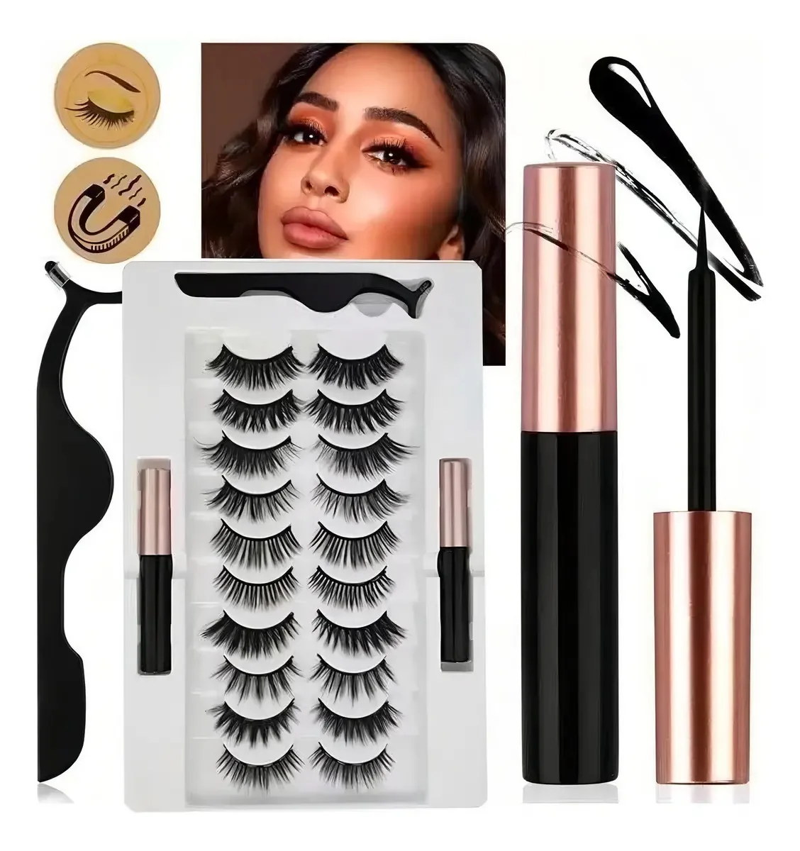 Kit 10 Pestañas Magneticas Reutilizáveis + Pinza + Delineador