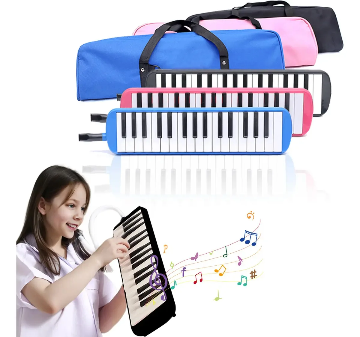 Instrumentos de sopro Ecovida® School Melodic Portability de 32 teclas para estudantes, meninos e meninas com mangueira, bocal, capa de tecido, acessórios, preto, rosa, azul