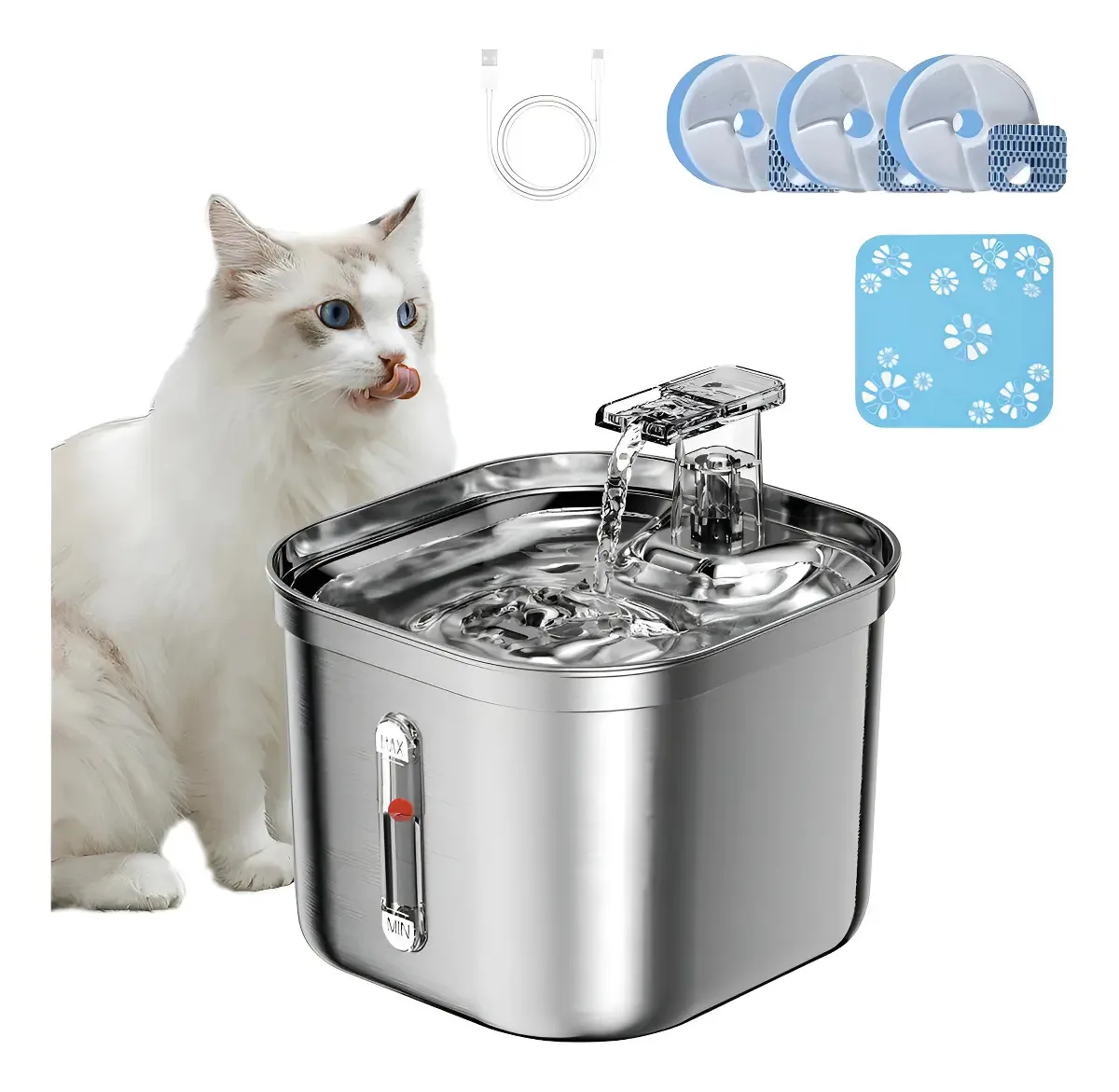 Bebedouro automático de aço inoxidável 2.2L com 3 filtros e USB