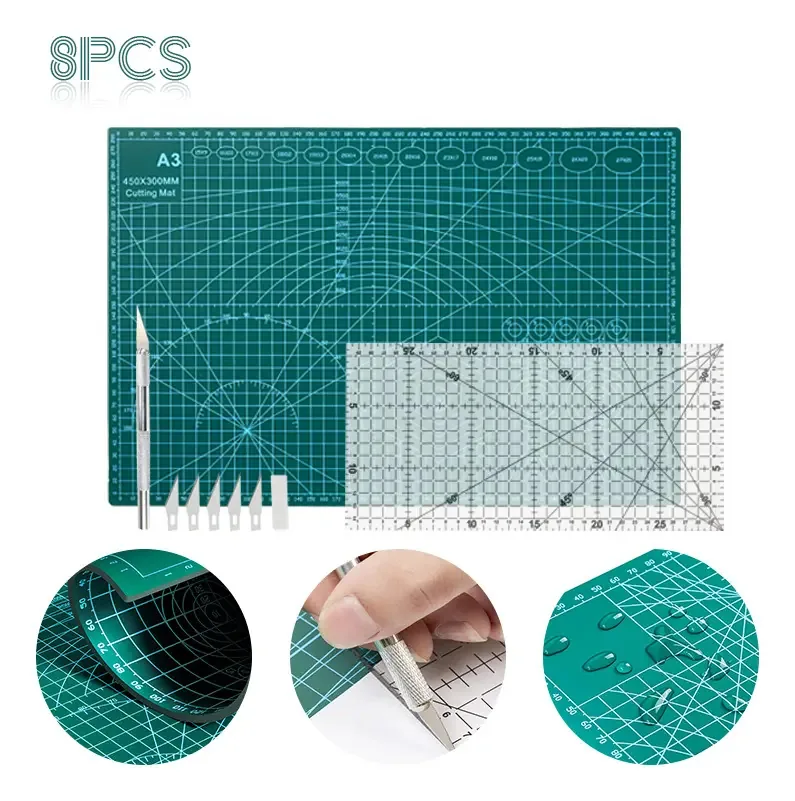 Ecovida® 8pcs Tapete De Corte A3 45x30cm Alfombrilla Corte Autorregenerable Pvc Tabla De Corte 2 Cara Base De Corte Con Uma Régua De 15×30cm Uma Faca De Corte E Cinco Lâminas De Substituição Verde