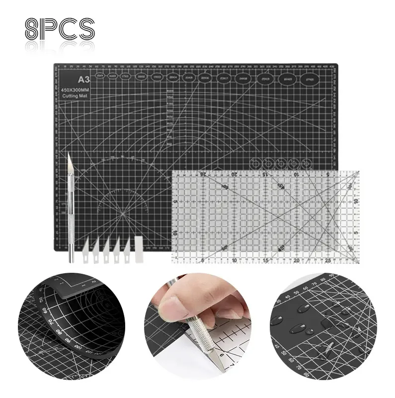 Ecovida® 8pcs Tapete De Corte A3 45x30cm Alfombrilla Corte Autorregenerable Pvc Tabla De Corte 2 Cara Base De Corte Con Uma Régua De 15×30cm Uma Faca De Corte E Cinco Lâminas De Substituição Negro