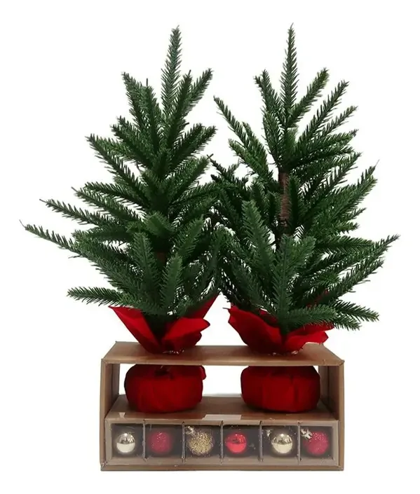 Mini árvore de Natal com enfeites e luzes X 2 46 cm de musgo verde