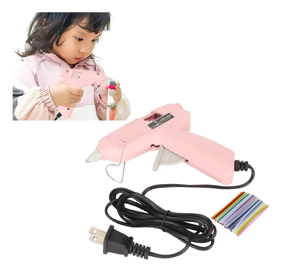 Pistola elétrica de silicone quente com cola de 50 bastões, mini pistola de cola quente para crianças, pequena pistola de cola quente DIY de 7 mm e 20 w