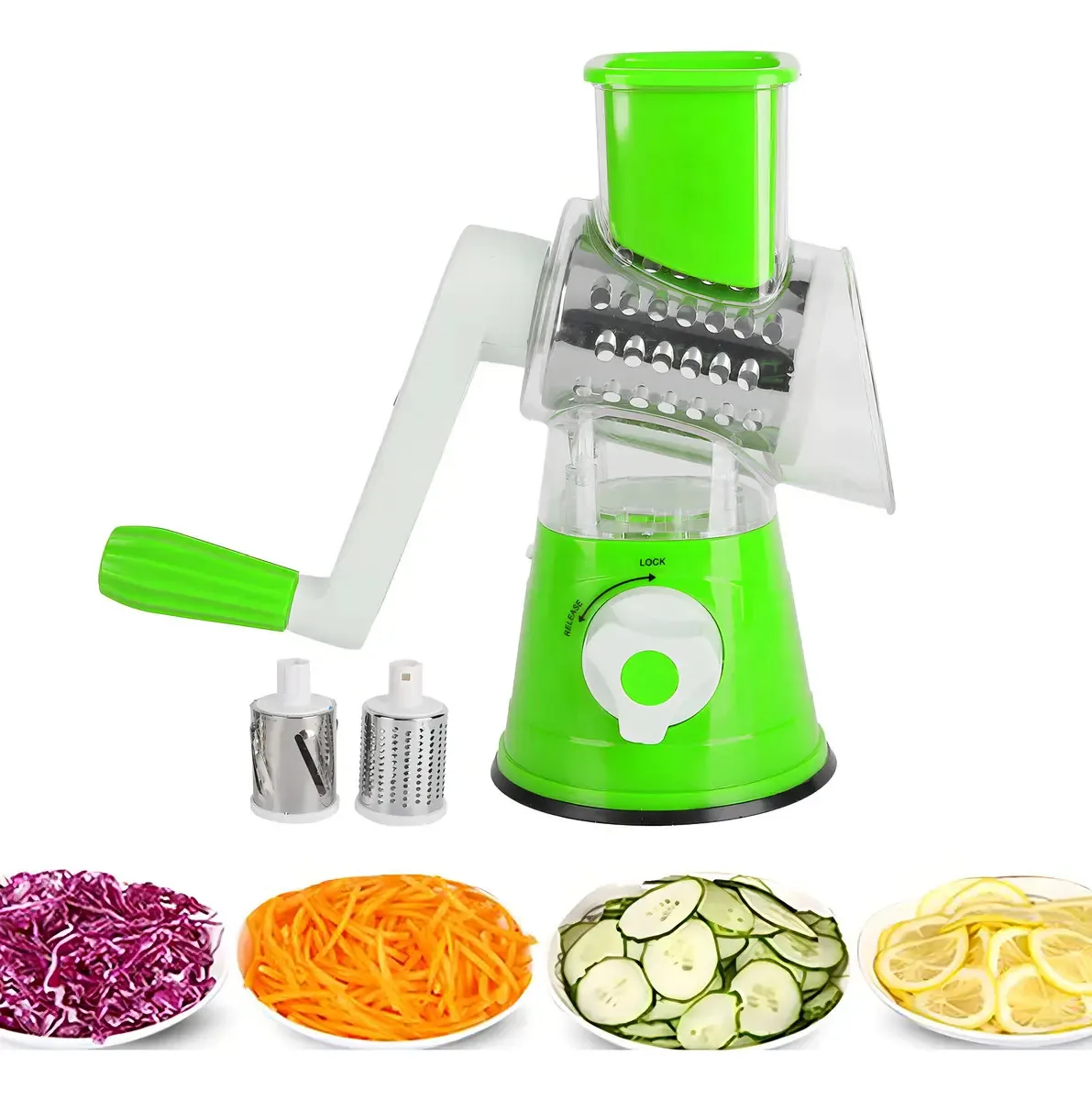 Cortador doméstico de frutas e vegetais com manivela de cor verde