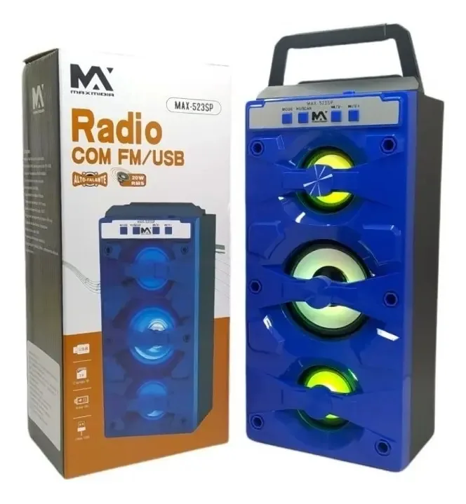 Caixa Som Recarregável Bluetooth Usb Cartão Sd Rádio Fm Cor Azul