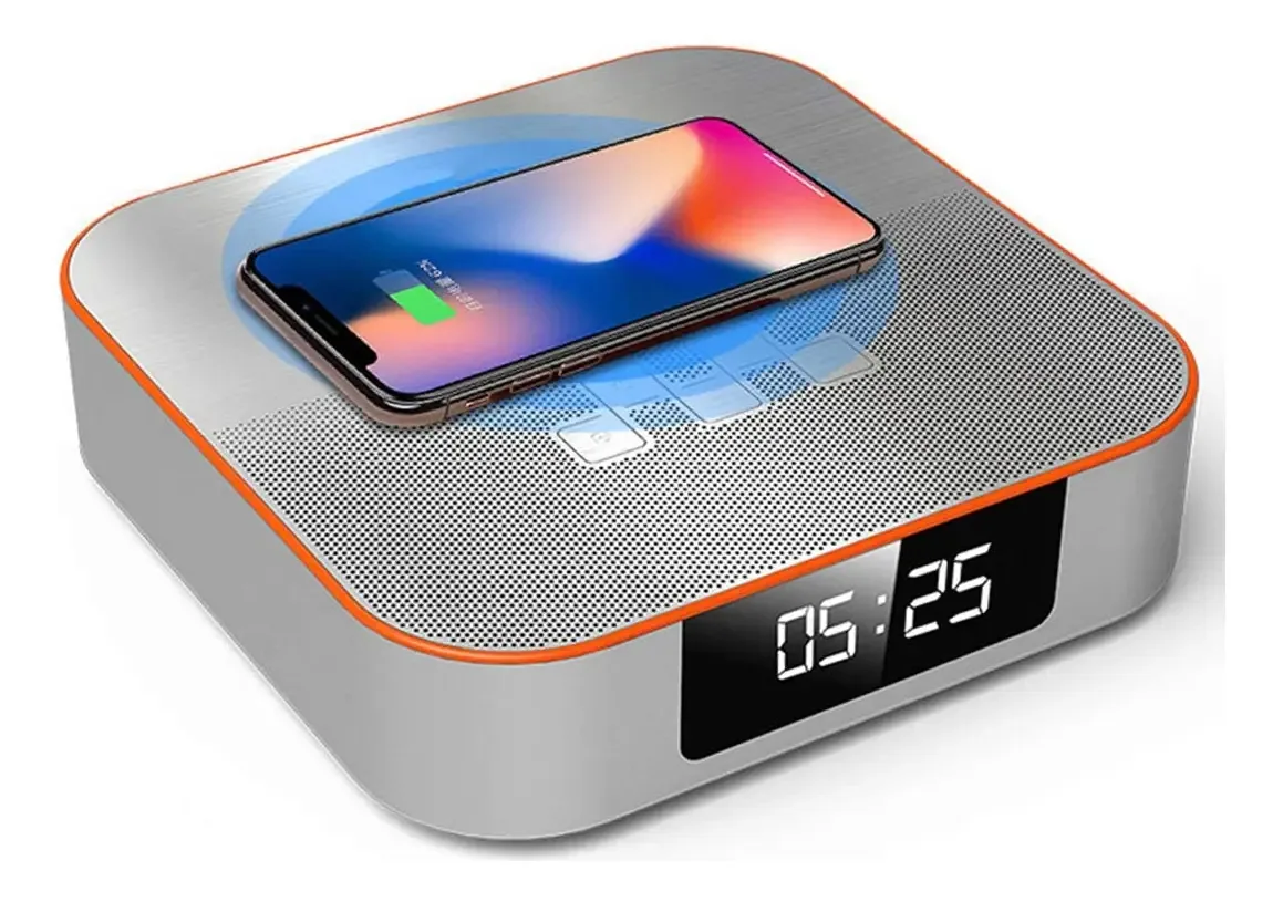 Carregador Sem Fio Karfri para Celular, Alto-falante Bluetooth, Rádio Relógio Despertador Digital, Rádio FM, Interface USB, Brilho Ajustável, Relógio LED de Cabeceira
