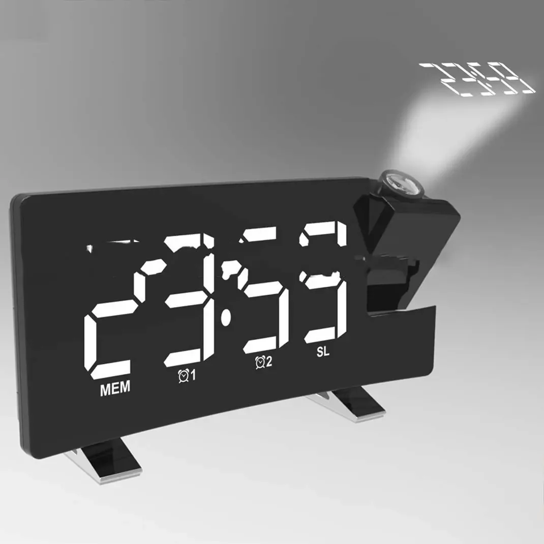 Ajuste de brilho Karfri, tela grande, tela LED eletrônica, projeção digital, despertador HD, rádio-relógio, porta USB para carregar seu telefone, branca