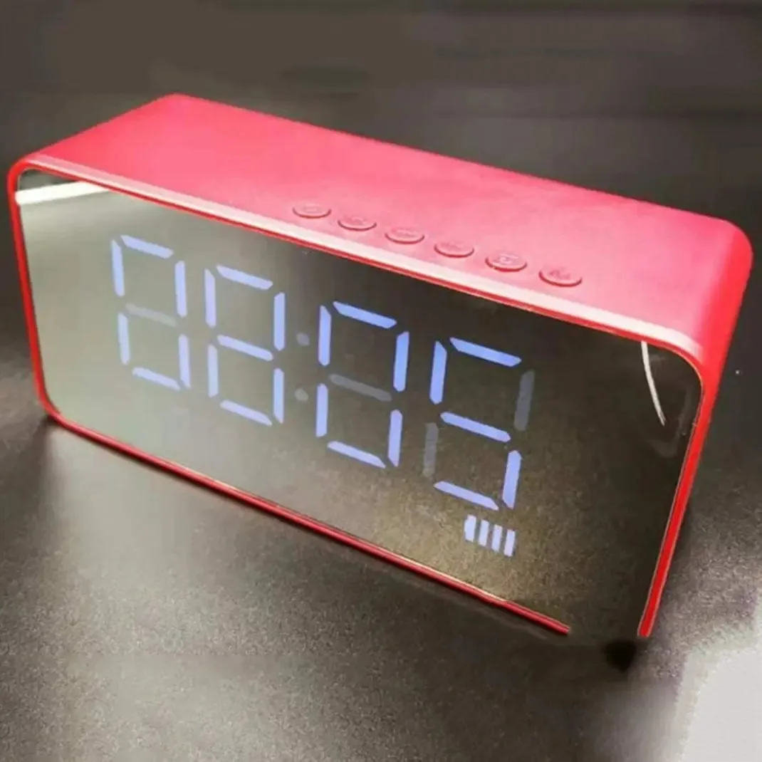 Karfri Alto-falante Bluetooth Sem Fio Espelho Despertador Rádio Digital, Tf/bt/aux/fm Rádio LED Mãos Livres Despertador, Relógio de Brilho Ajustável, Vermelho (rosa) (vermelho)