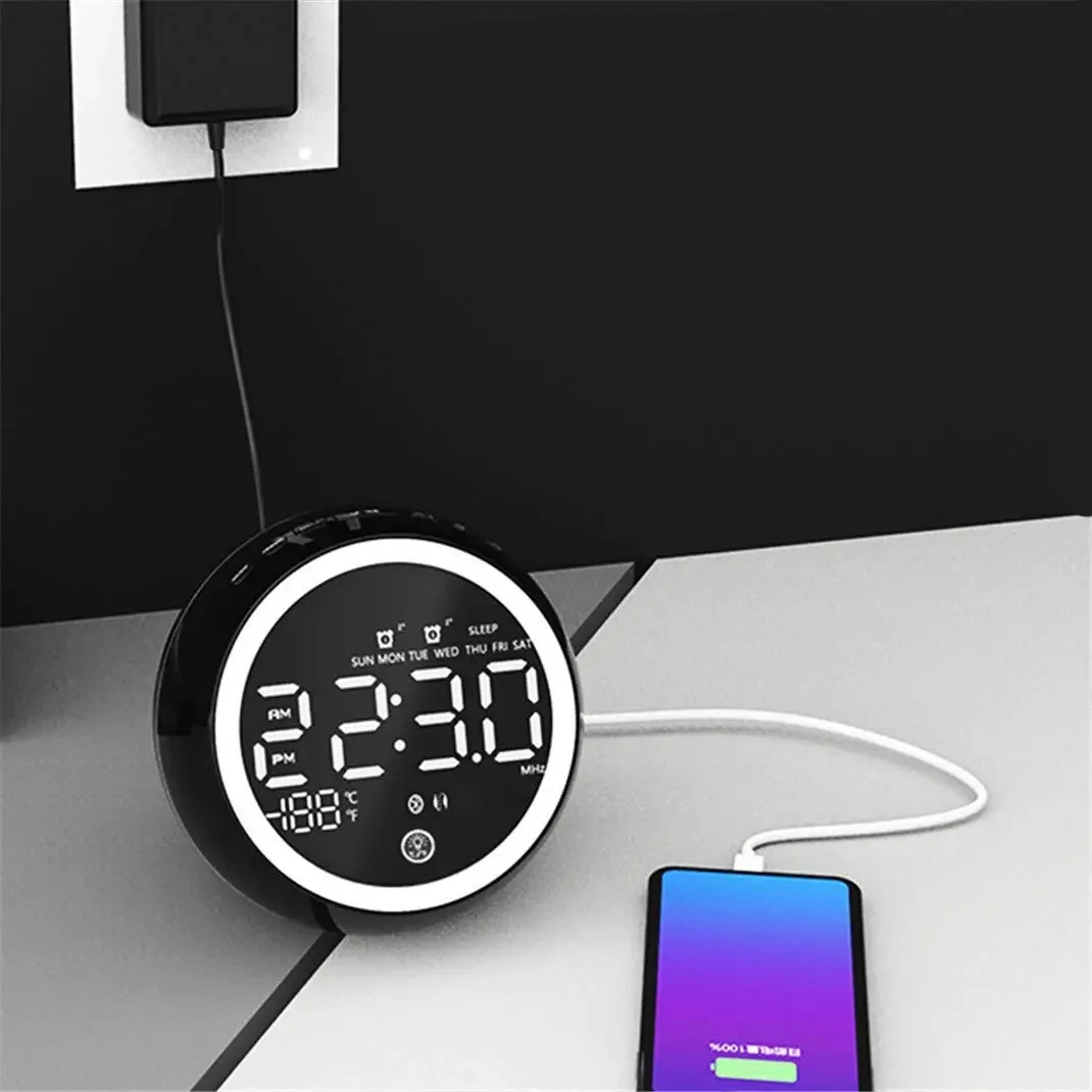 Alto-falante multifuncional Karfri com despertador Bluetooth, mini luz noturna, rádio-relógio USB, despertador LED, rádio-relógio digital, ajuste de brilho, branco (branco) (preto)