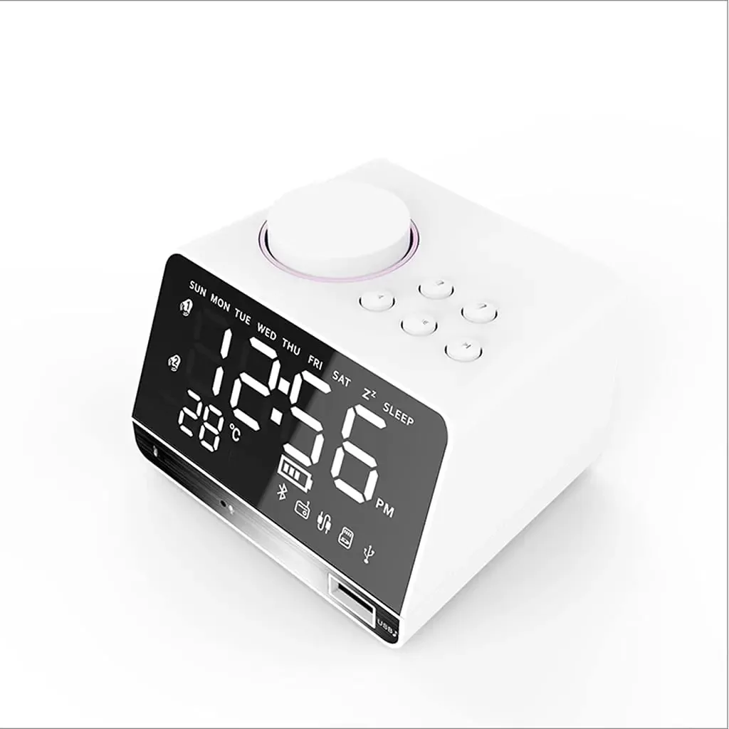 Karfri Relógio Despertador Digital Decorativo com Carregador USB, Alto-falante Bluetooth, Mini Rádio Estéreo, Recarregável, 2 Configurações de Alarme, Temperatura, Fácil de Configurar (rosa) (branco)