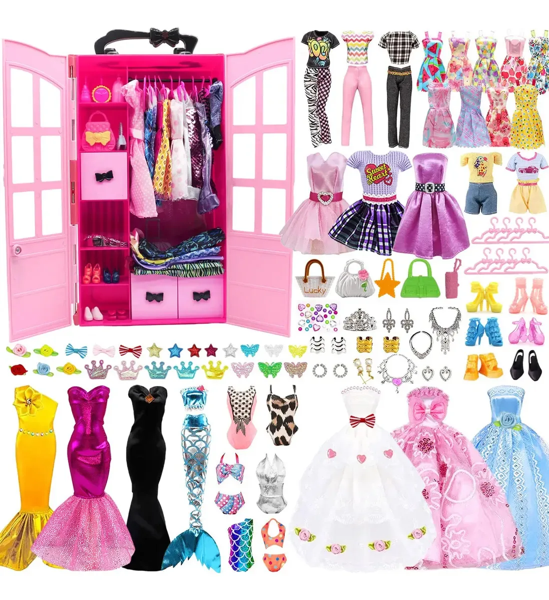 98 peças de roupas de boneca Barbie e acessórios diversos