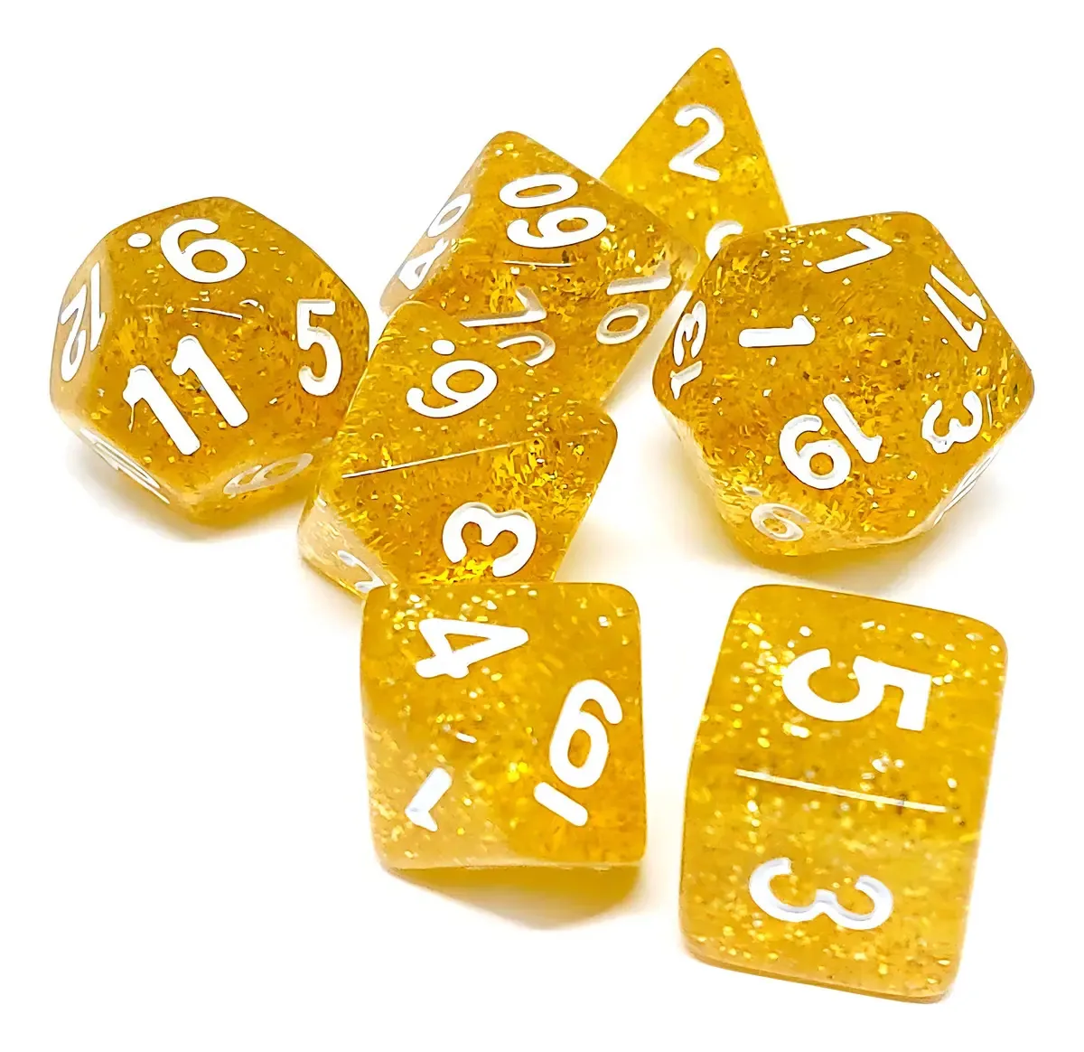 Kit Dados RPG Central Acessórios Glitter Dourado e Branco 7 Peças