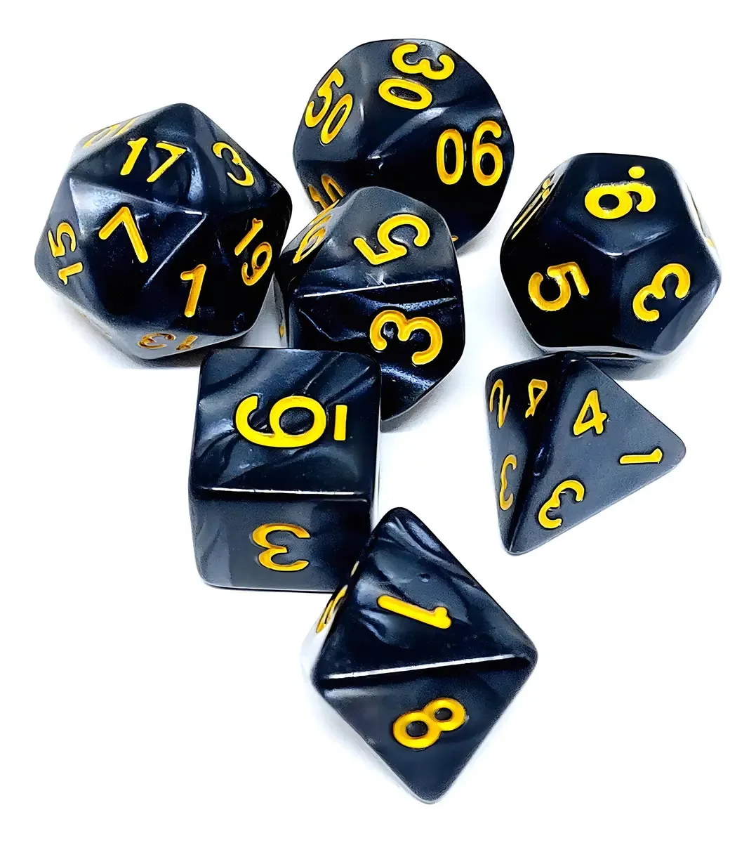 Conjunto de Dados RPG Perolado Preto Dourado Central Acessórios 7 Peças