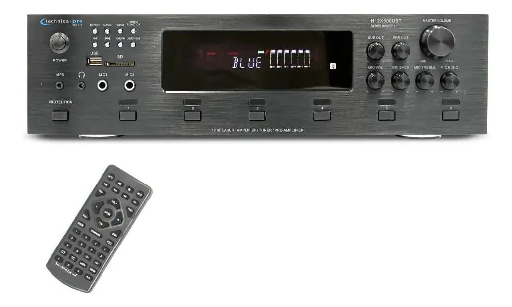 Amplificador híbrido digital Technical Pro de 6000 watts e 6 zonas, sintonizador de pré-amplificador Bluetooth com alto-falante USB, saída para cartão SD, 2 entradas de microfone, controles de...