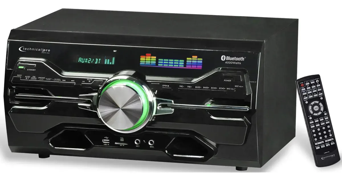 Technical Pro Receptor de Áudio Profissional Bluetooth para Casa com 4000 Watts, Leitor de DVD Integrado, Entradas de Microfone Duplas de 1/4 Polegada, Entradas SD USB, Controles de Volume e Eco