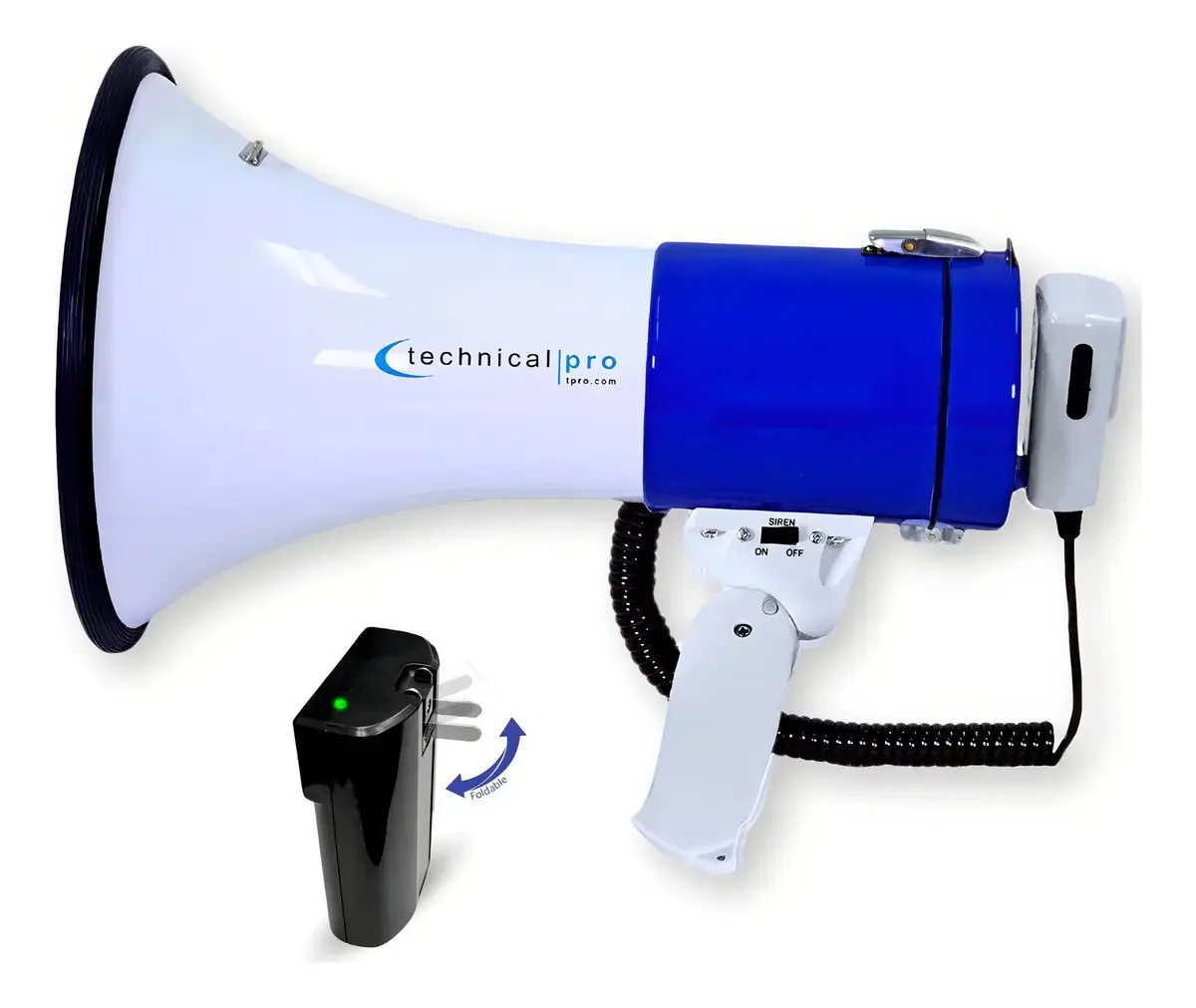 Technical Pro - Bullhorn Megaphone, alto-falante portátil de 3000 pés com sirene, bateria recarregável com carregador de parede AC embutido, bom para treinadores, jogadores de futebol, treinadores...