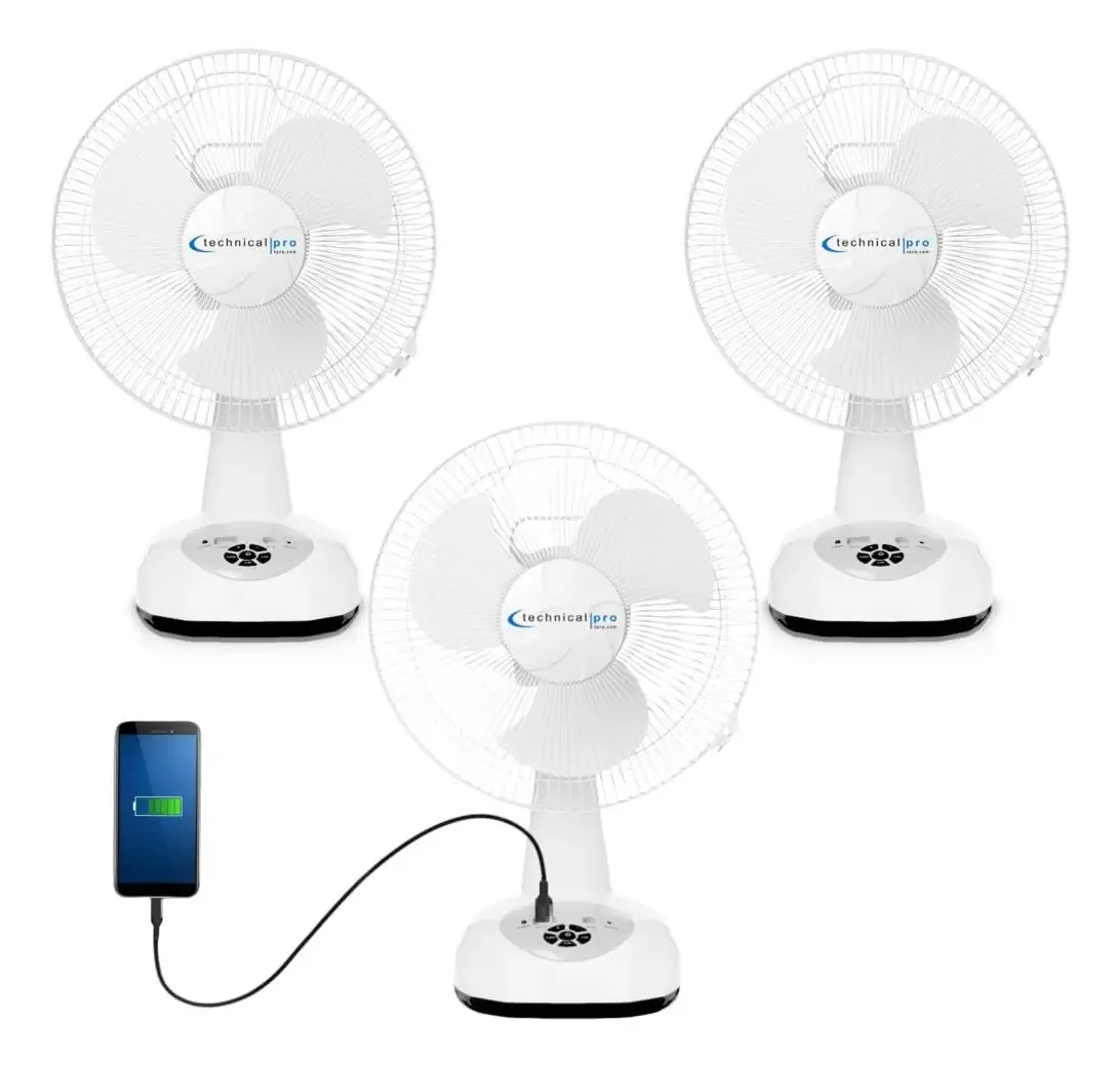 Technical Pro - Conjunto de 3 ventiladores de mesa oscilantes portáteis recarregáveis de 12 polegadas com controles de 9 velocidades, luz noturna LED e banco de energia