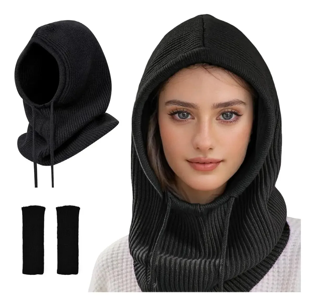 Chapéus femininos de inverno, balaclavas e chapéus tricotados. Cor do chapéu: preto, design de tecido, apenas listras