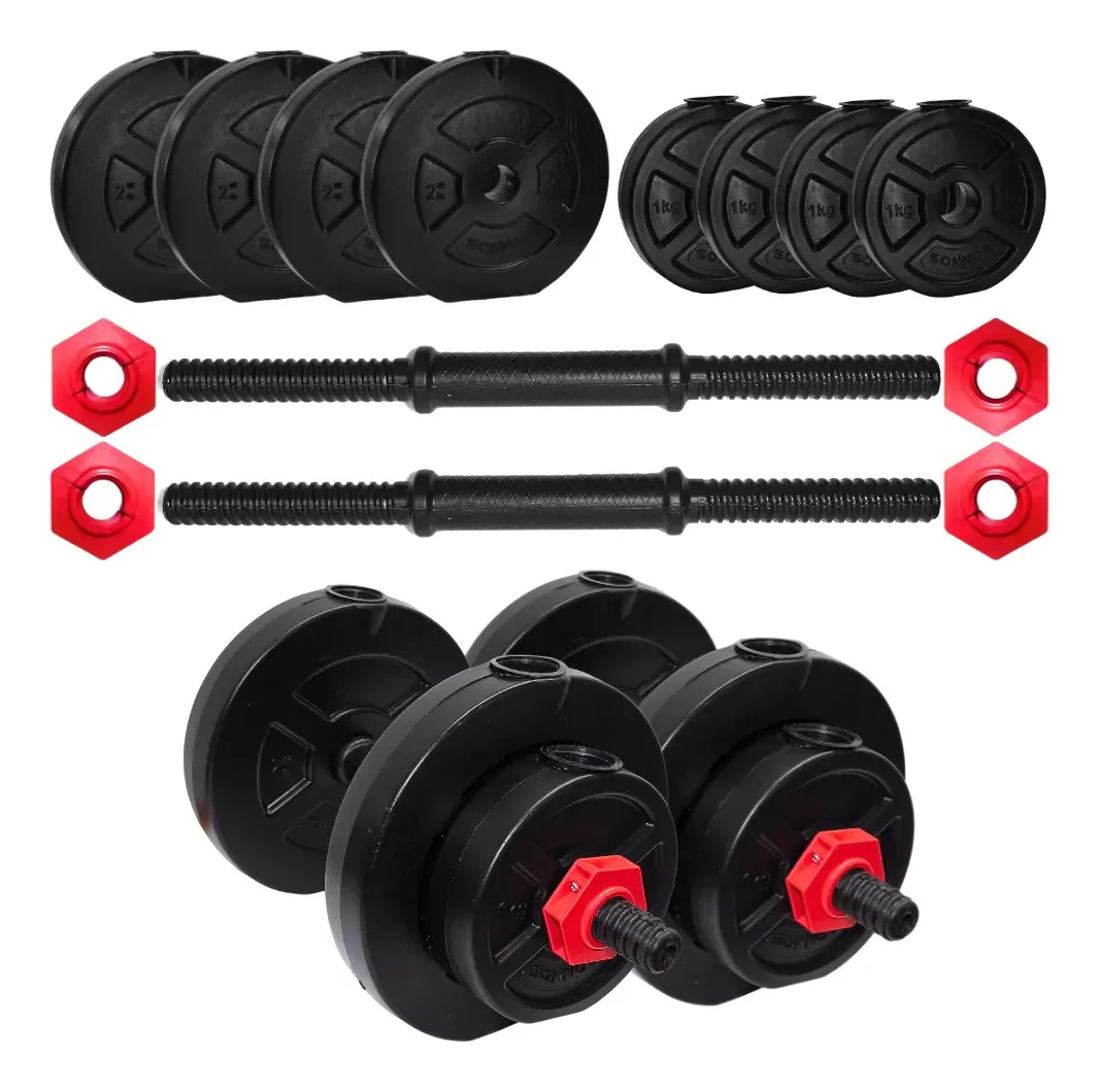 Halteres + 14 Kg. Discos de peso de PVC. Sonnos Color Preto e Vermelho
