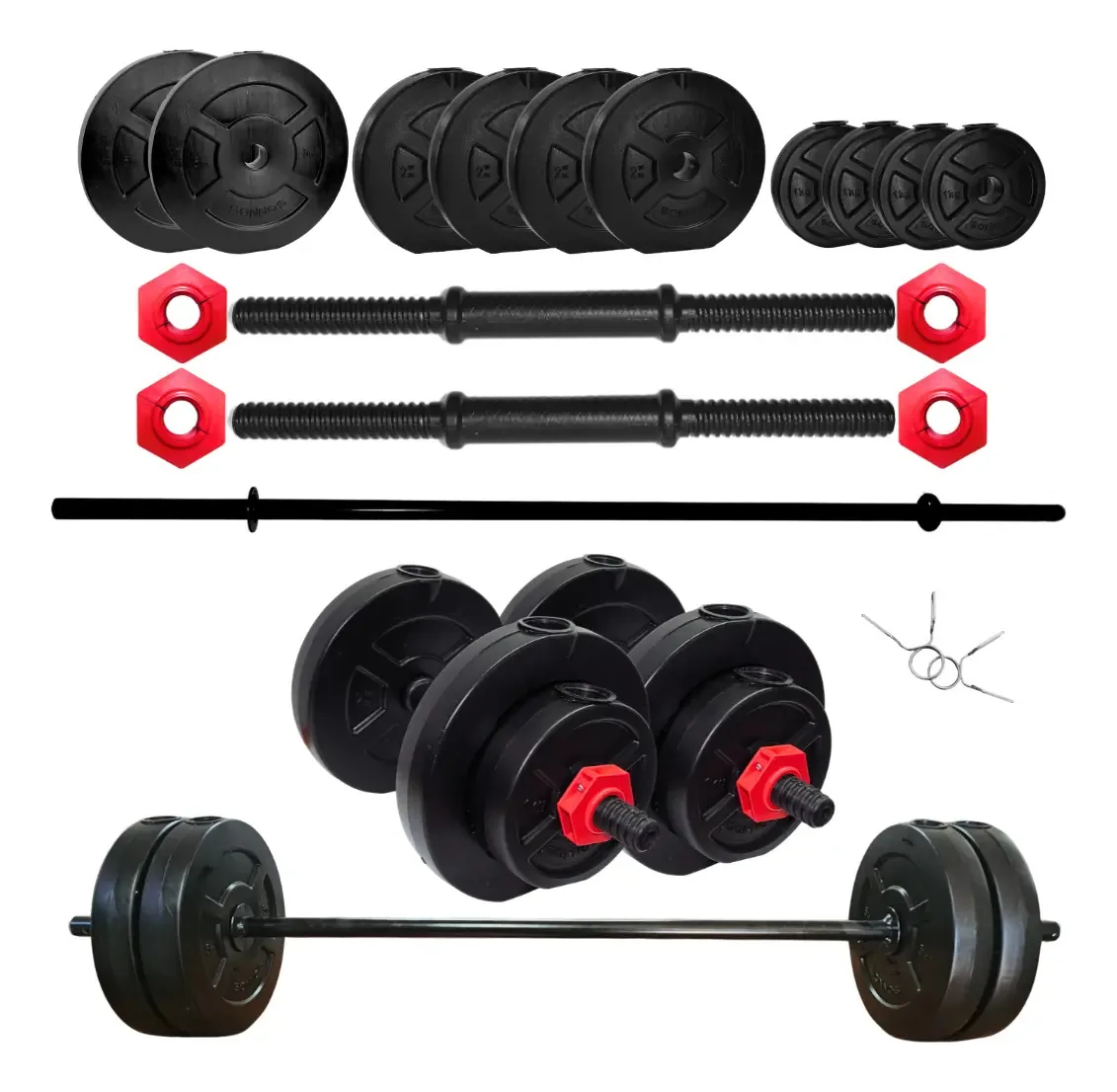 Halteres de parafuso ajustáveis + Barra + 24 Kg. Em Discos Sonnos