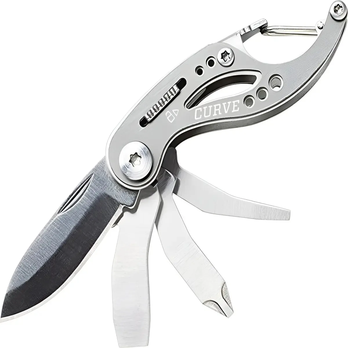 Chaveiro de mosquetão prateado multiferramentas Gerber Curve Grey