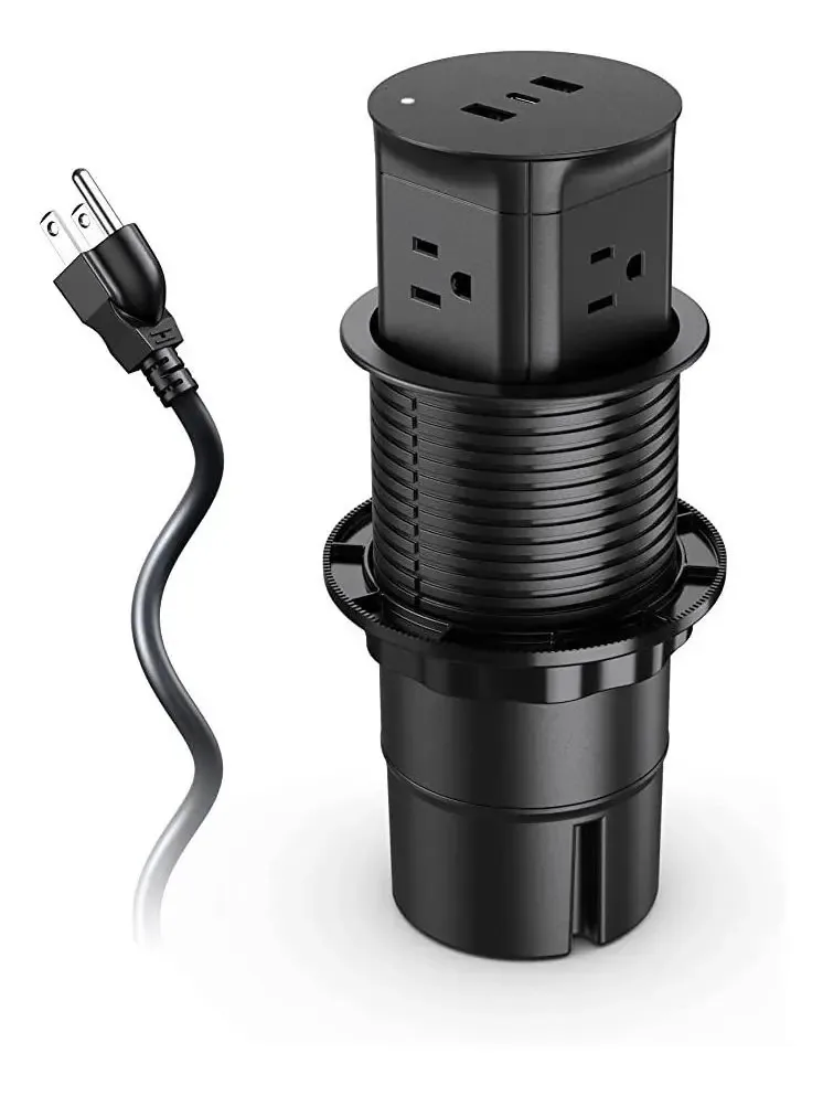 Soquete de alimentação retrátil com 3 plugues americanos e 2 portas de carregamento USB, tomada de alimentação dobrável para desktop, multifuncional. Tomada elétrica para casa, cozinha ou...