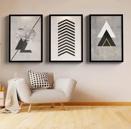 Trio Quadros Decorativos Abstrato Moderno Triangulos 776
