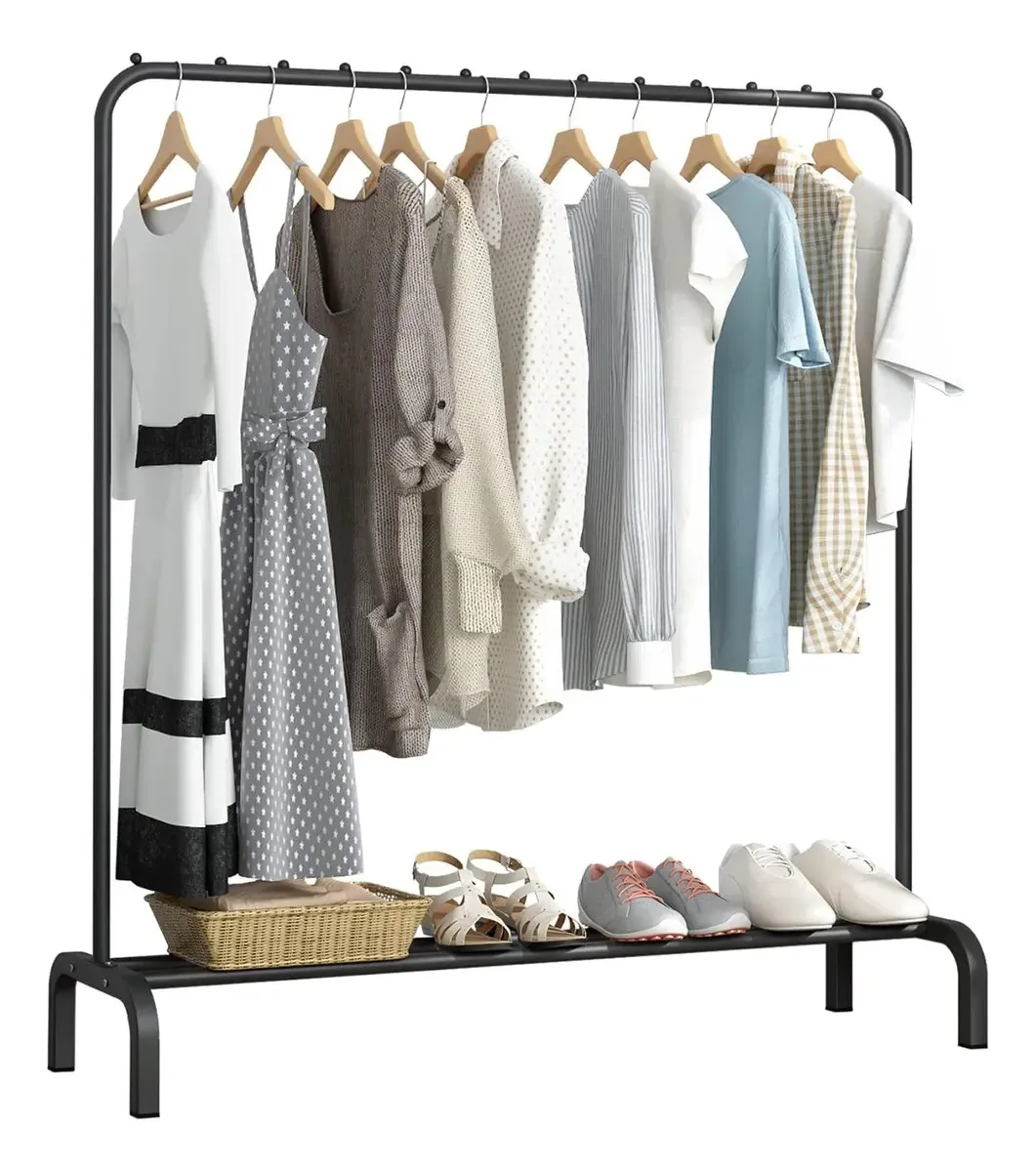 Rack de roupas de metal com organizador de sapateira para roupas e calçados, ideal para espaços pequenos, cor preta