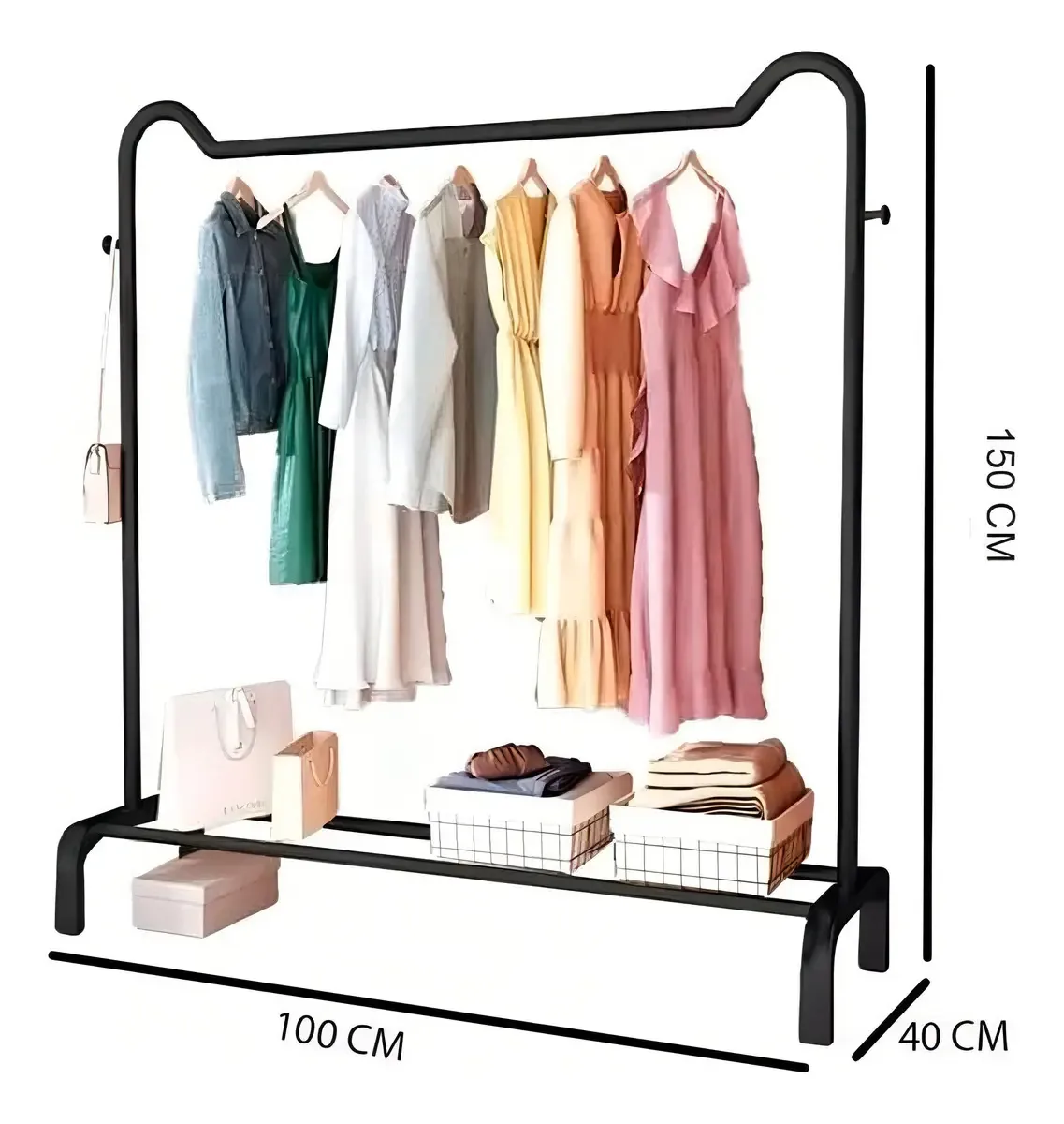 Prateleira de metal reforçado de 100 cm, cabideiro com sapateira — organizador de roupas e calçados, ideal para espaços pequenos