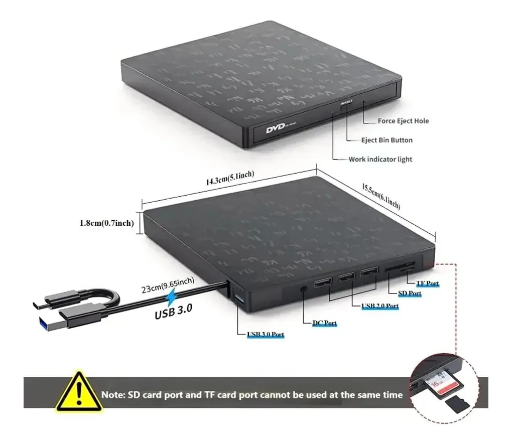 Crcyphne Gravador De Unidade De Cd/dvd Externa 7 Em 1 Reprodutor De Unidade De Dvd Unidade Óptica Com Slots Sd/tf E Usb3.0 Unidade Óptica Para Pc Portátil