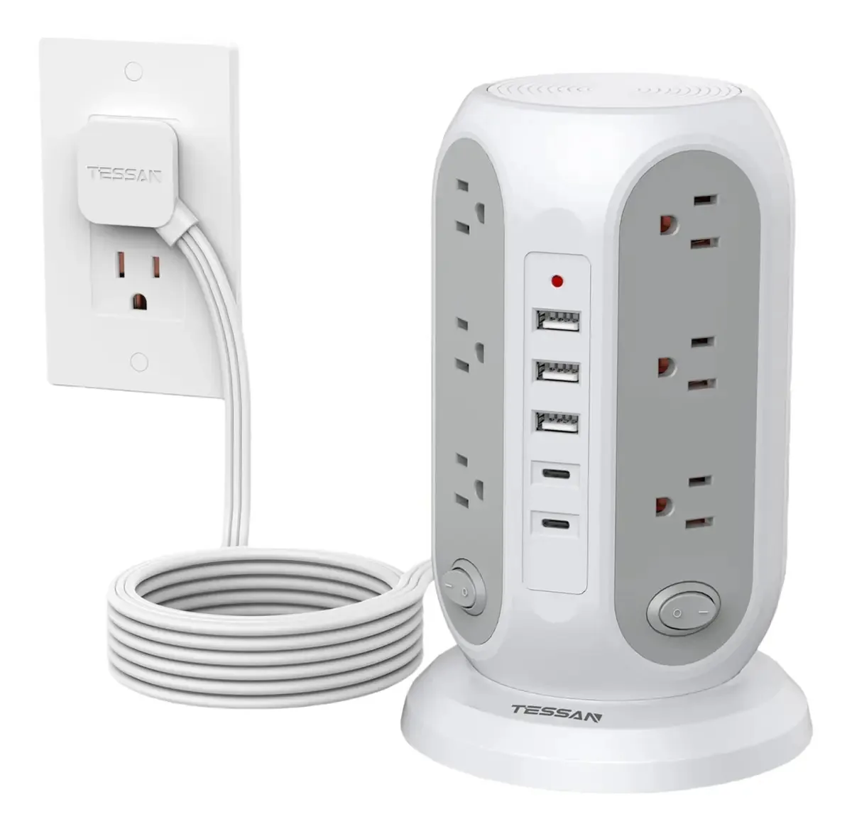 Régua de alimentação com 12 tomadas e 5 portas USB
