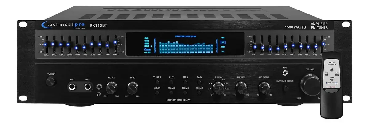 Amplificador de receptor doméstico Bluetooth Technical Pro RX113bt 1500W com equalizador de 10 bandas