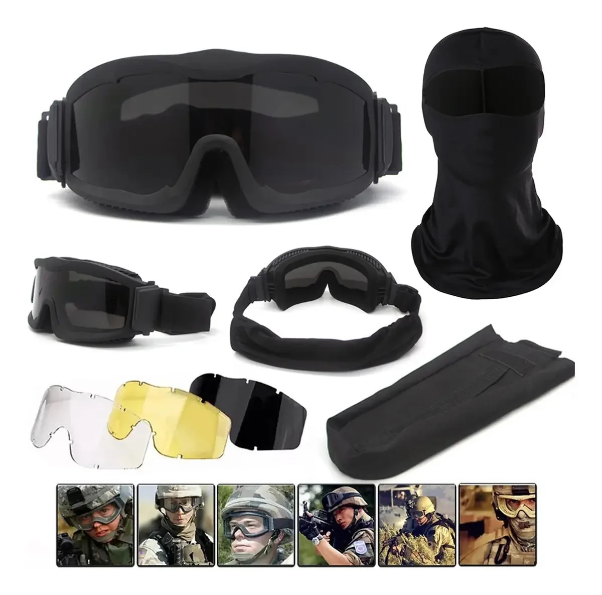 Óculos militares: lentes táticas com 3 lentes pretas