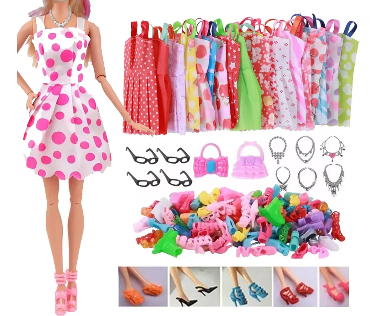 35 peças de vestidos e lentes, sapatos e brinquedos para meninas