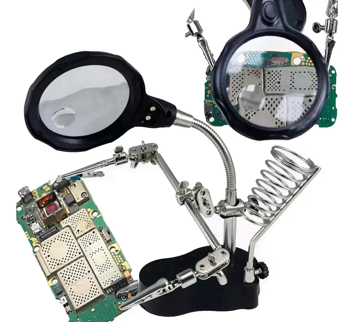 Lupa com base de clipe de luz LED para soldagem