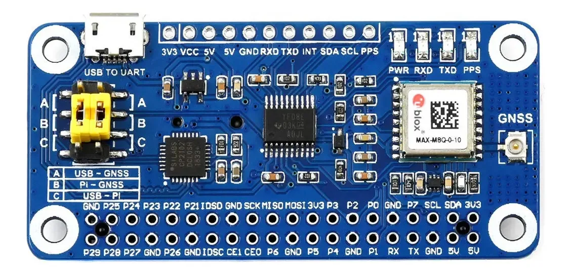 Tampa Gnss Waveshare Max-M8Q para Raspberry Pi com suporte para vários receptores de constelação e sistemas de aumento de suporte, como Sbas, Qzss, Imes e D-GPS