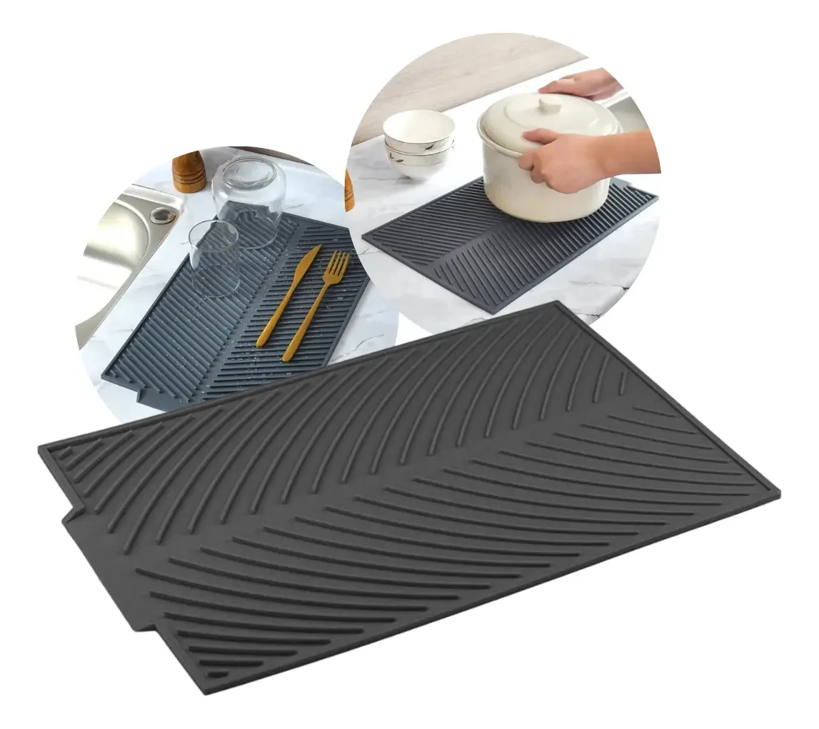 Tapete de drenagem de silicone, copos, pratos, bar de cozinha, cor: preto