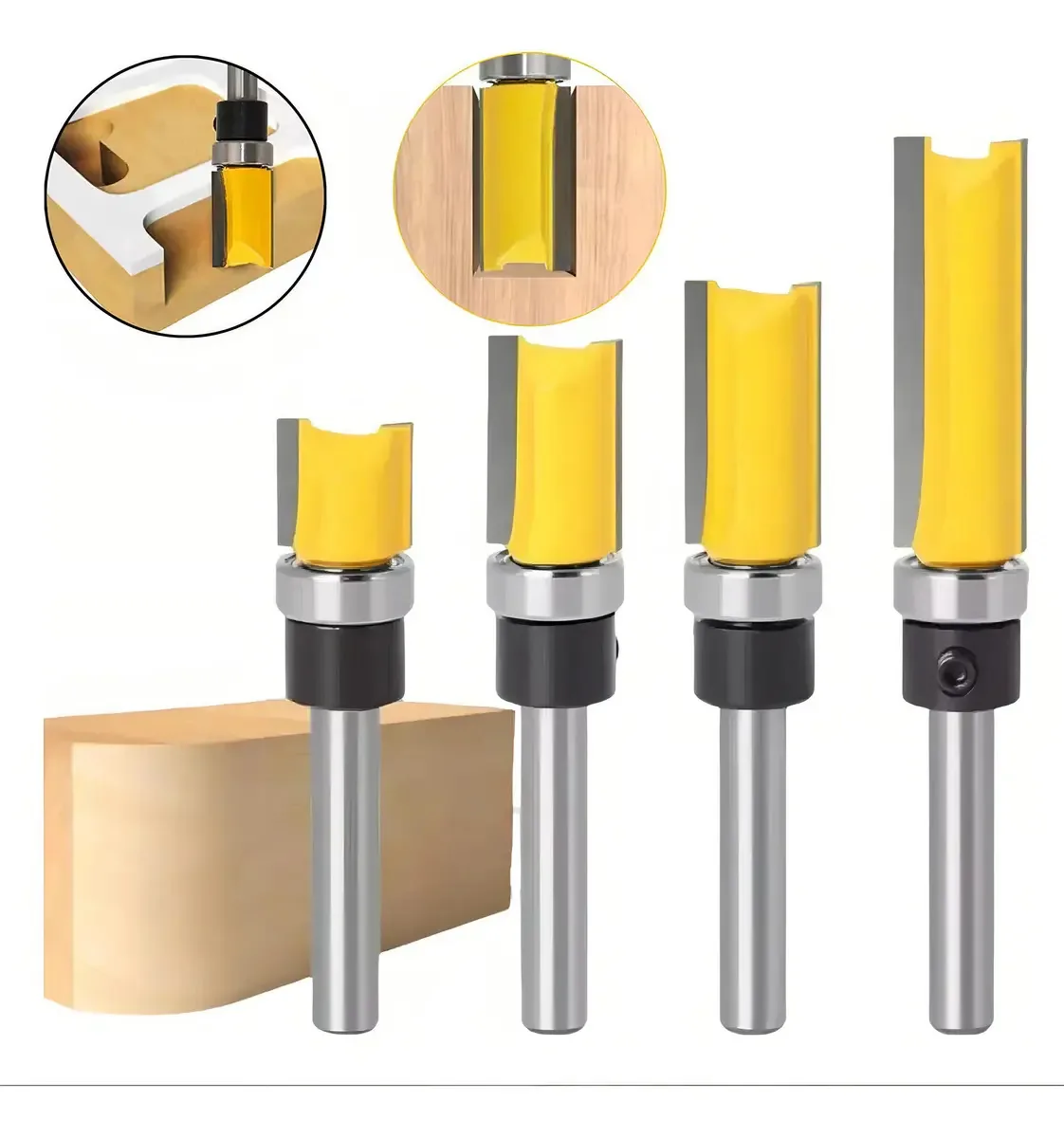 Brocas de perfil reto de 4 peças com rolamentos traseiros Roteador 1/4 Brocas de perfil reto com rolamentos traseiros Roteador 4 unidades