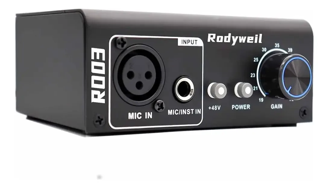 Microfone pré-amplificador Rodyweil Mic Gain Booster com 2 entradas