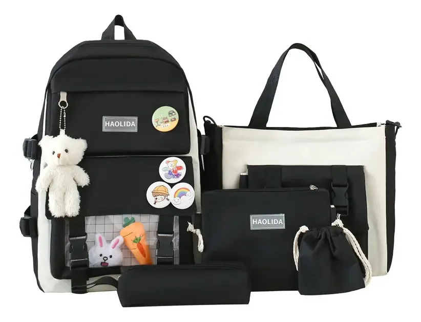 Mochila feminina de 5 peças, mochilas para mulheres, portáteis e versáteis, mochila de viagem de grande capacidade para moda casual, cor preta