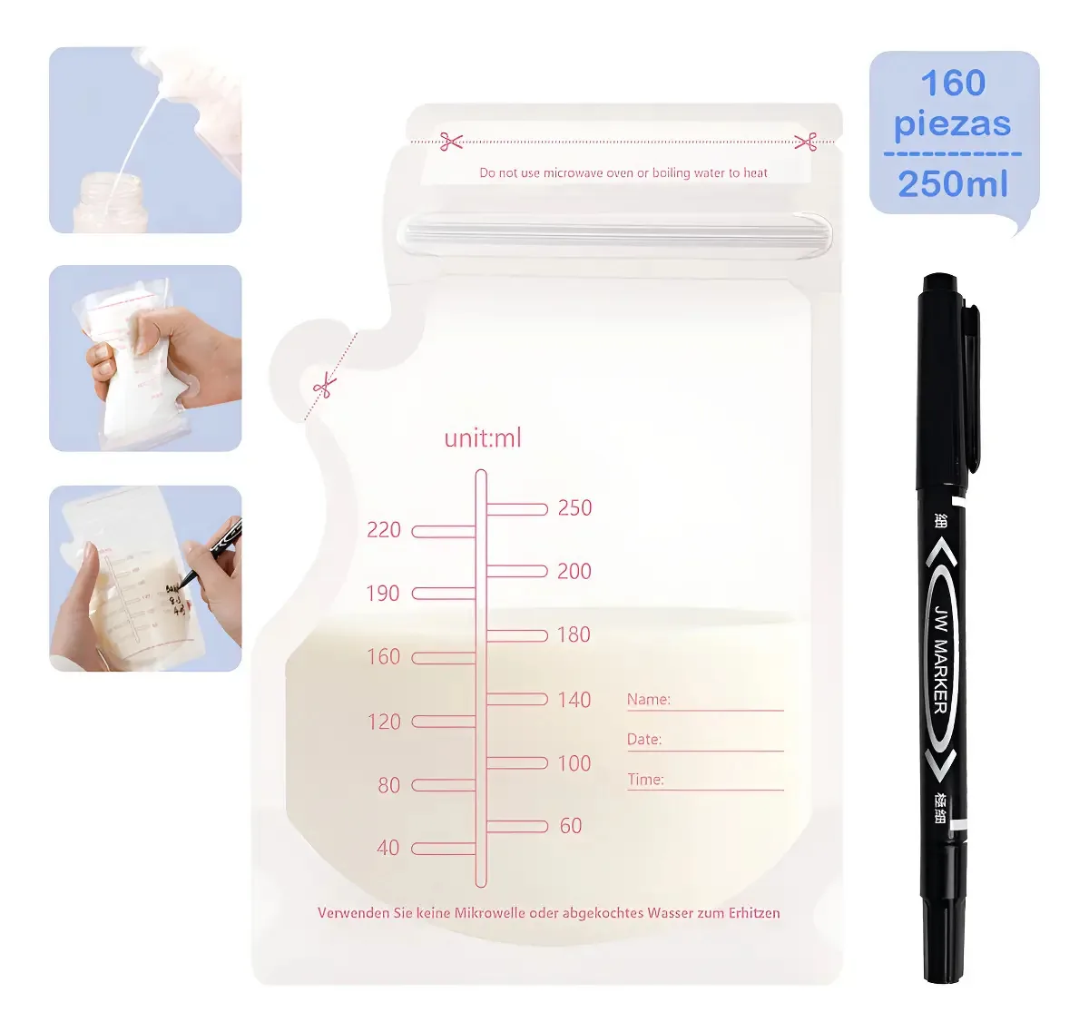 Saco de armazenamento de leite materno 250ml, 160 peças