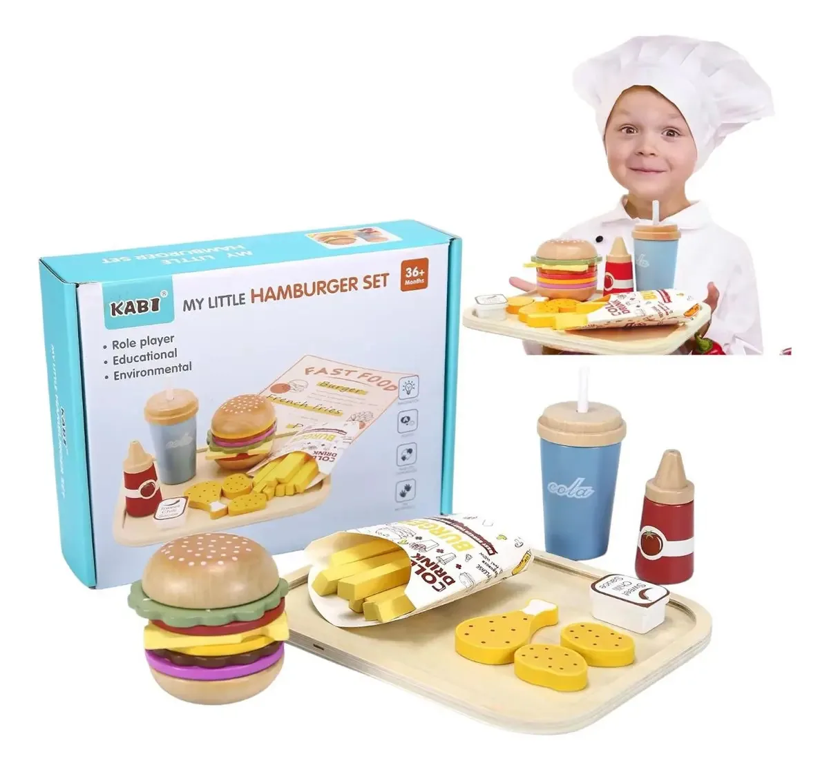 Conjunto de hambúrguer de madeira para crianças, brinquedo educativo de culinária criativa com acessórios realistas, ideal para dramatização, desenvolvimento infantil, aprendizagem precoce,...