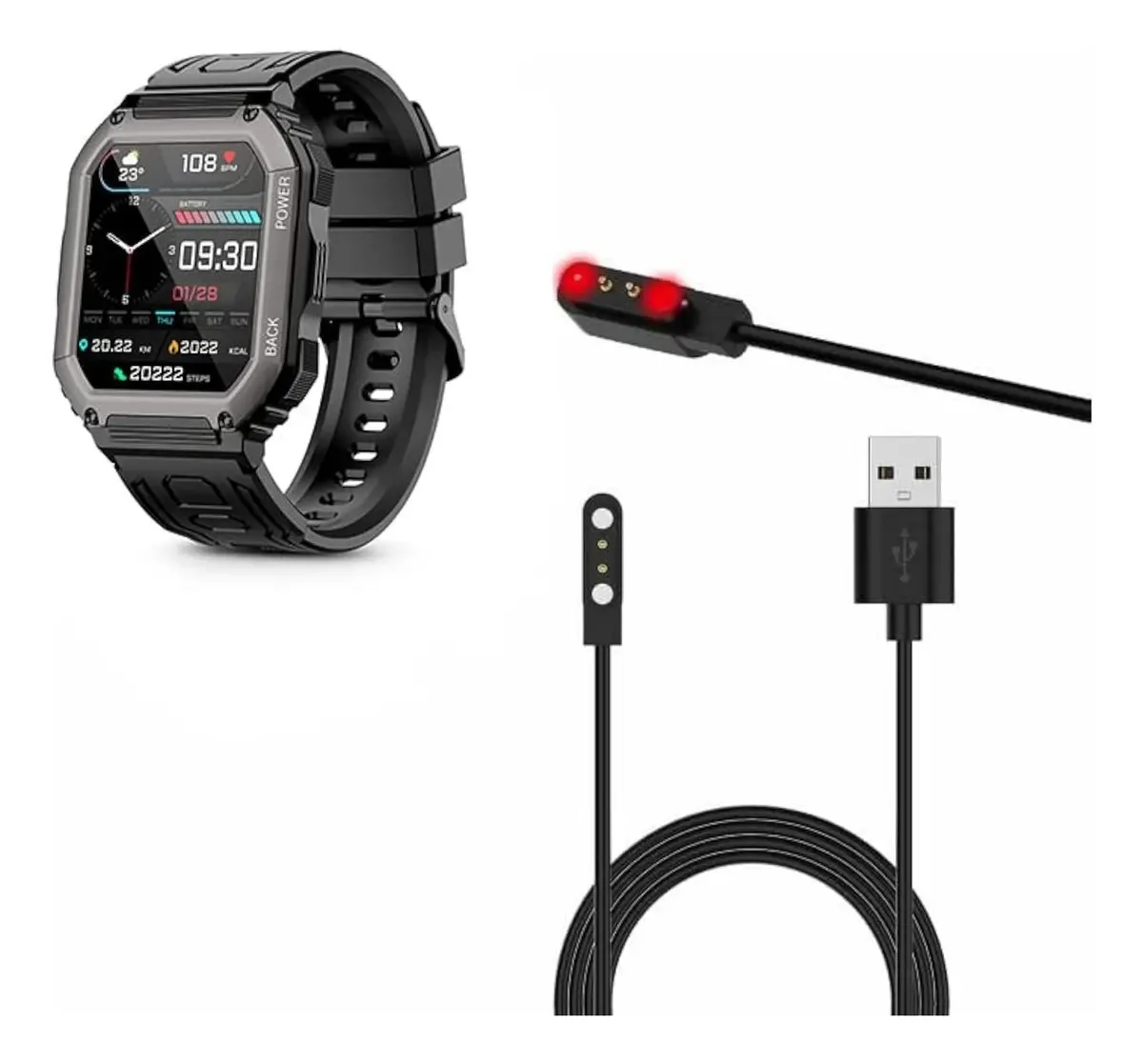 Carregador Yiqungo Smartwatch, cabo de carregamento USB magnético para smartwatch de 2 pinos, compatível com o smartwatch Hemisol Keeggiss Zyczwl Kr06