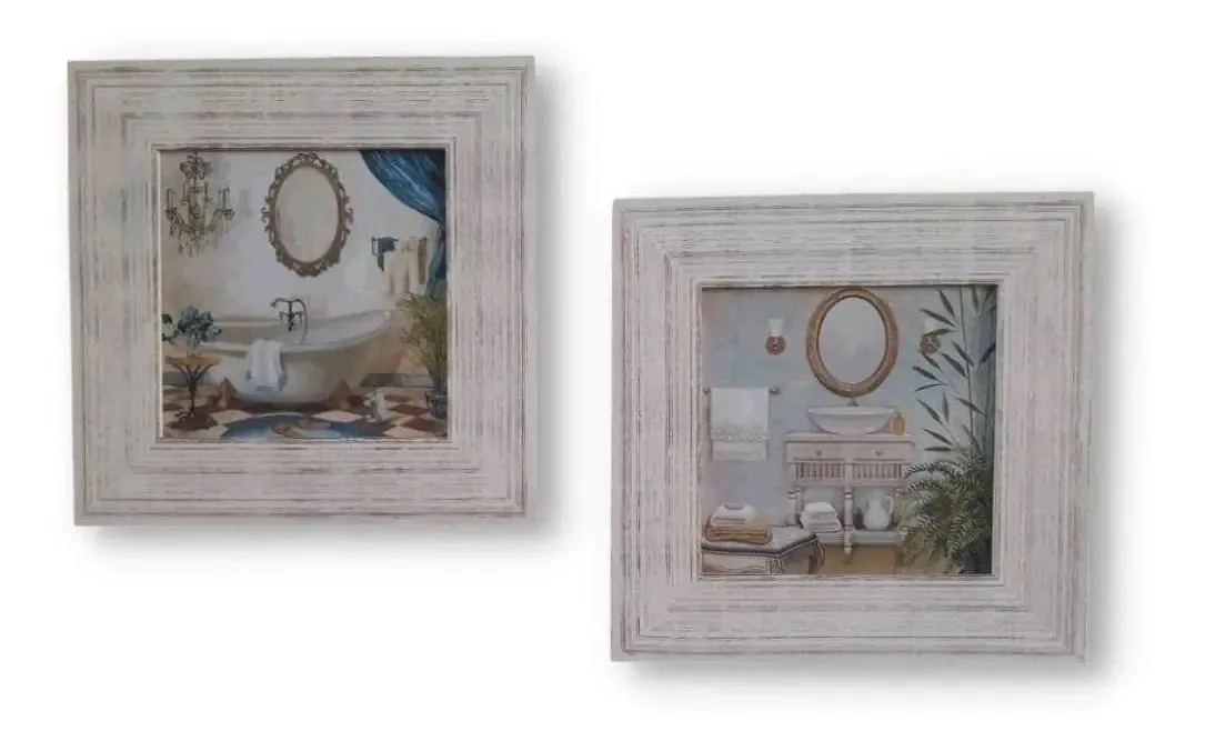 Kit 2 Quadros Banheiro Lavabo Moldura Larga Provençal Luxo